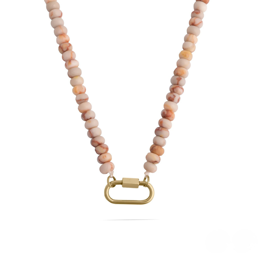 Blush marble beaded necklace with 18K gold PVD stainless steel carabiner clasp front view