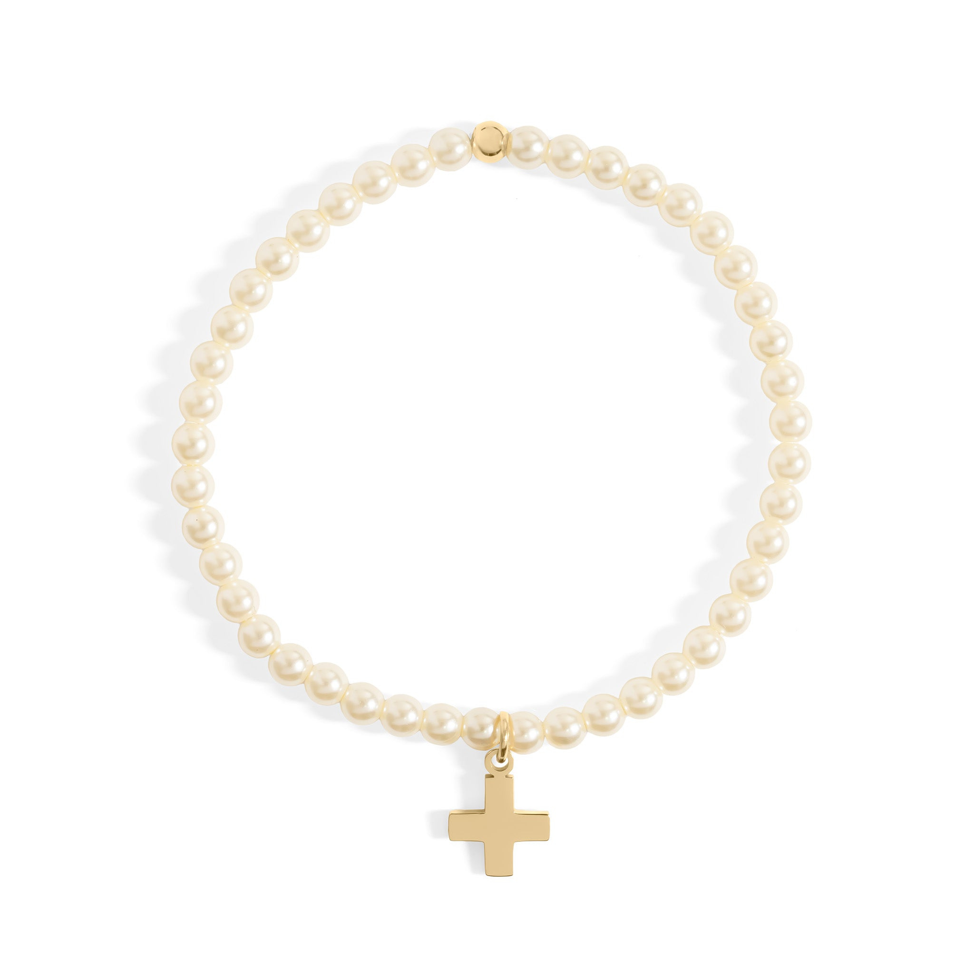 18K gold PVD stainless steel cross charm bracelet with pearl beads