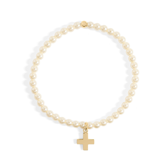 18K gold PVD stainless steel cross charm bracelet with pearl beads