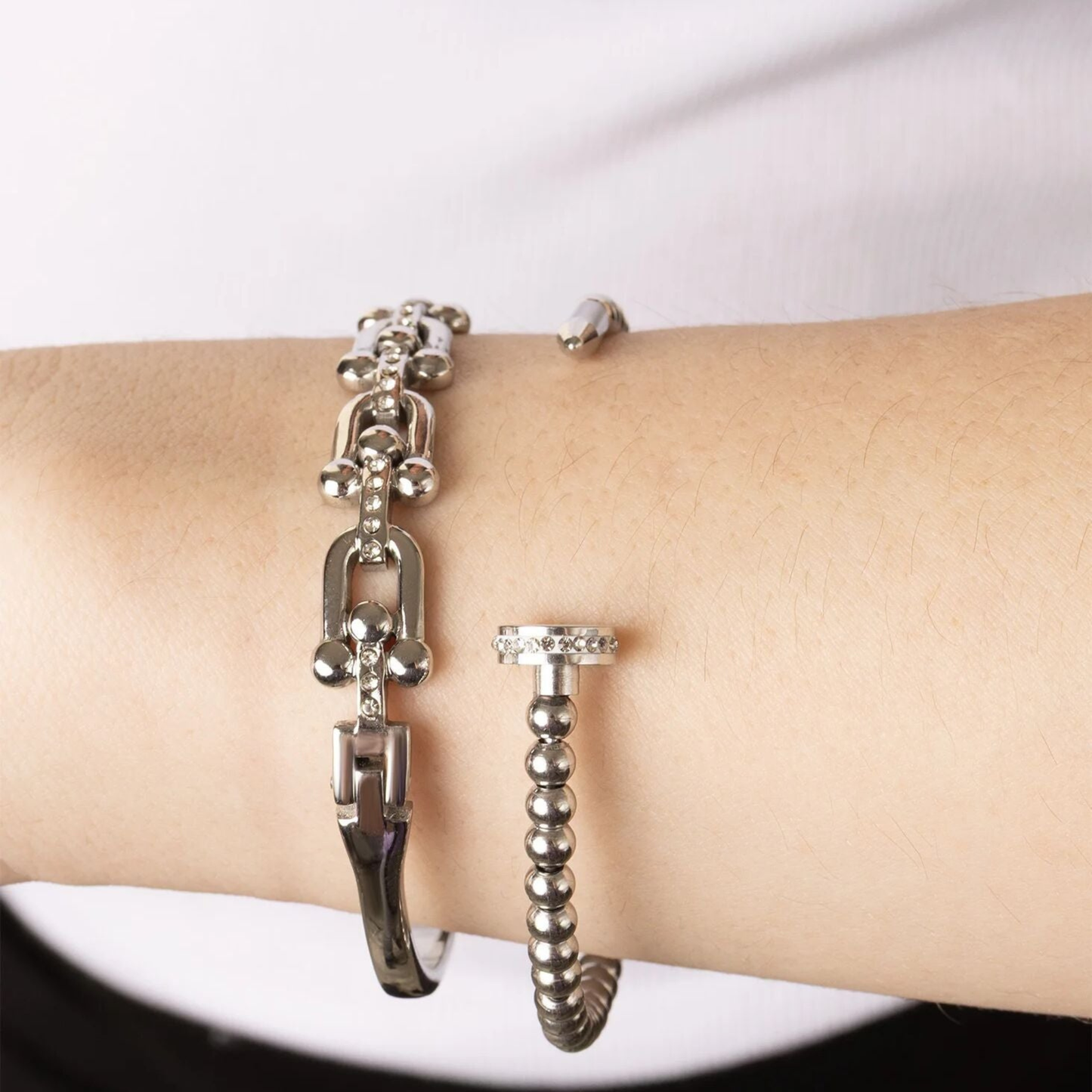 Silver nail head beaded open cuff bracelet in stainless steel by NEMOSN