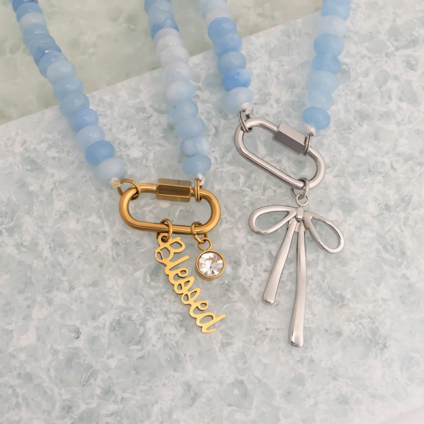 Blue beaded necklace with 18K gold PVD carabiner clasp by NEMOSN