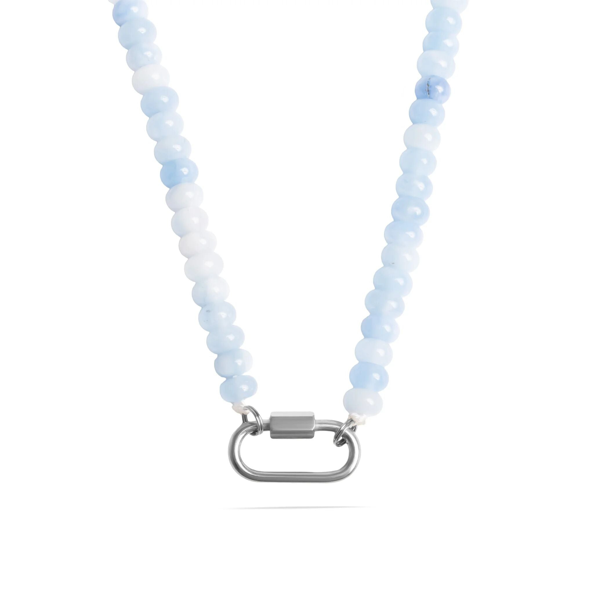 Blue beaded necklace with stainless steel silver carabiner clasp by NEMOSN