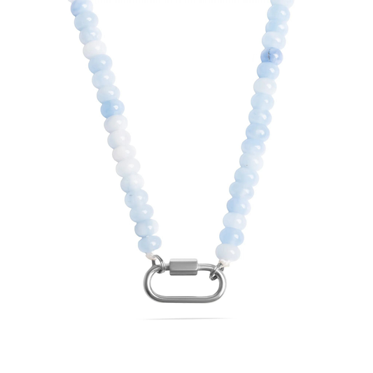 Blue beaded necklace with stainless steel silver carabiner clasp by NEMOSN