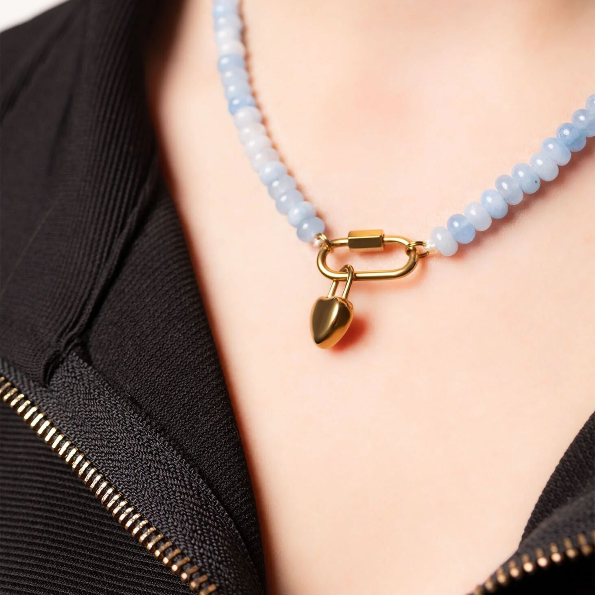 Blue beaded necklace with 18K gold PVD carabiner clasp by NEMOSN