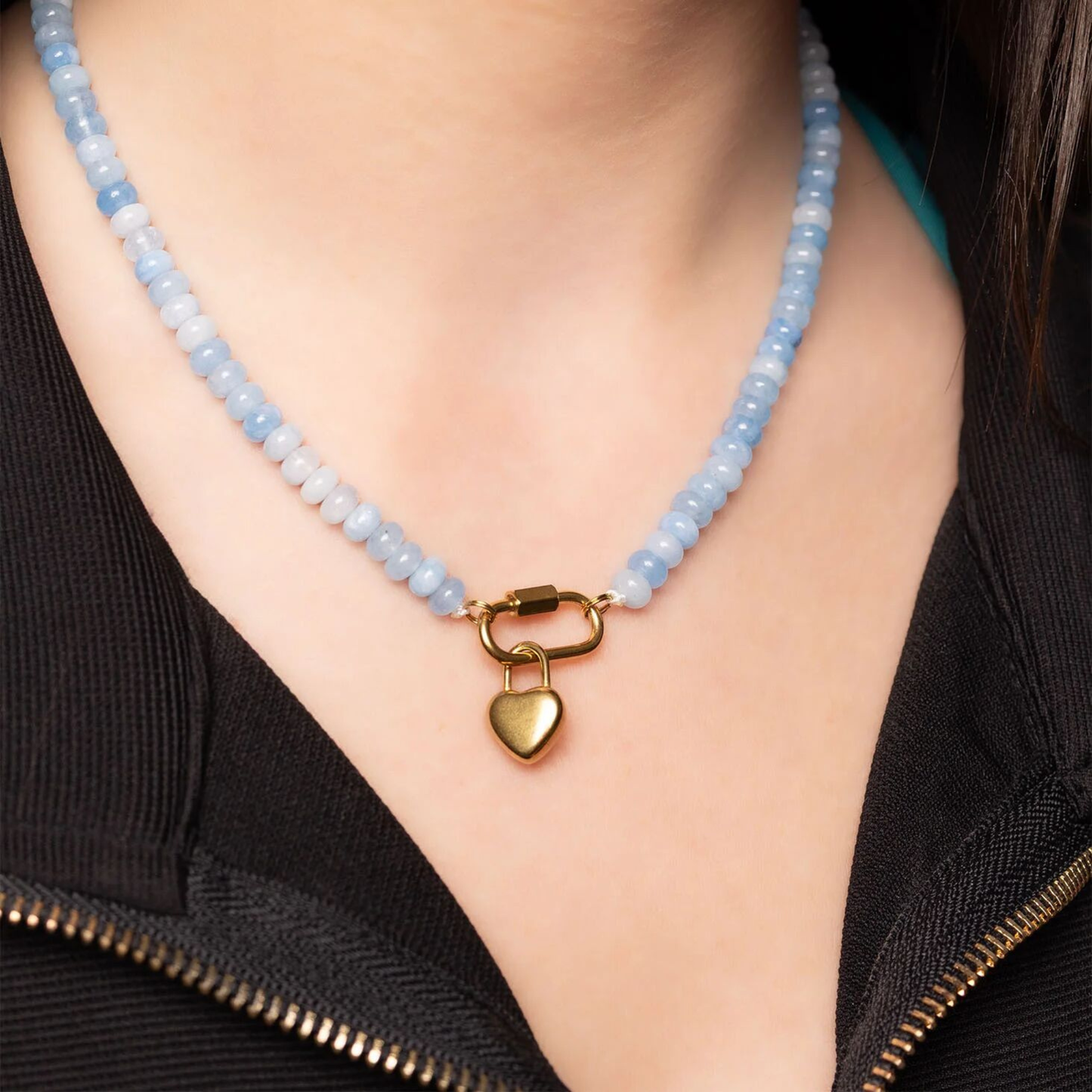 Blue beaded necklace with 18K gold PVD carabiner clasp by NEMOSN