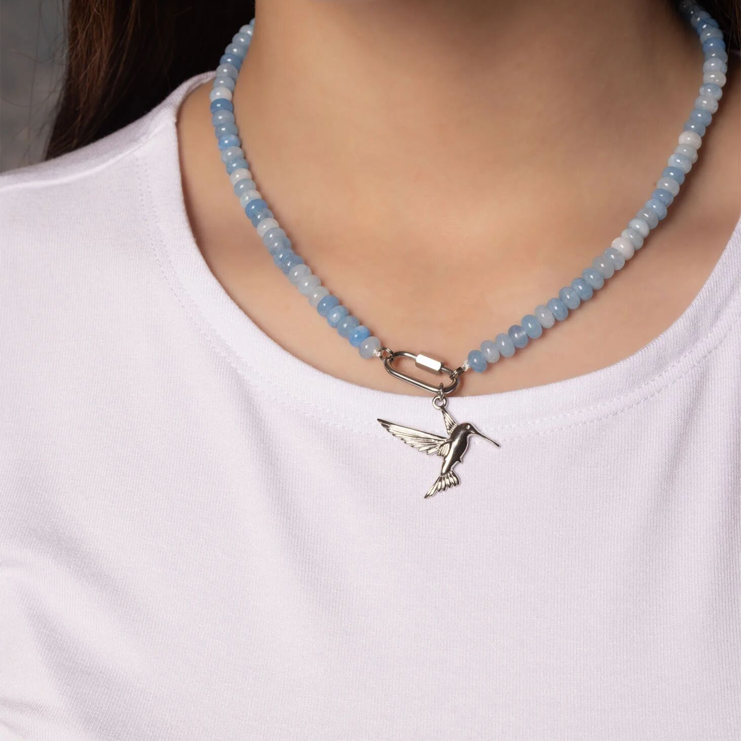 Blue beaded necklace with stainless steel silver carabiner clasp by NEMOSN